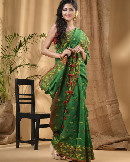 DESH BIDESH Green & Red Woven Design Silk Cotton Taant Saree for Women