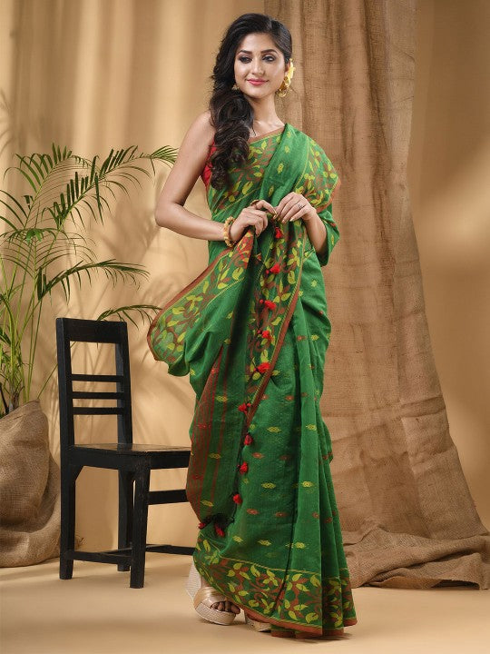 DESH BIDESH Green & Red Woven Design Silk Cotton Taant Saree for Women