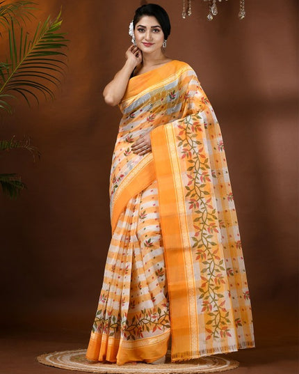 Exquisite Floral Pure Cotton Block Print Saree: Traditional Indian Drape for Women