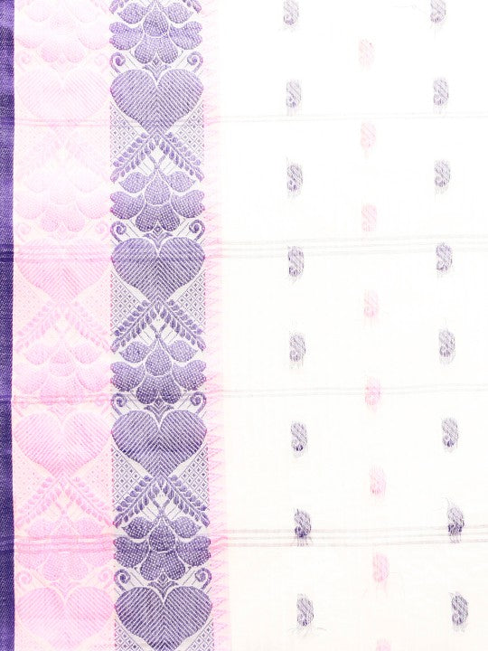 DESH BIDESH White & Pink Ethnic Motifs Pure Cotton Taant Saree