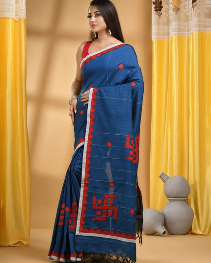 DESH BIDESH Striped Swastik Designed Pure Cotton Traditional Taant Saree