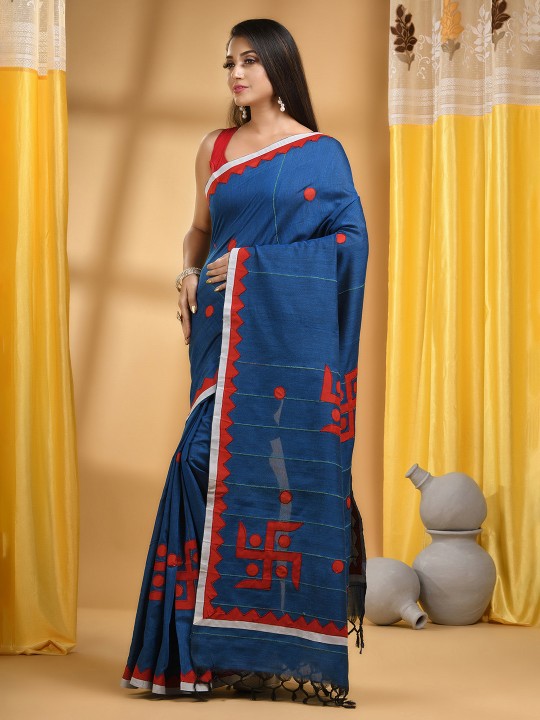 DESH BIDESH Striped Swastik Designed Pure Cotton Traditional Taant Saree