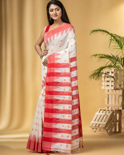 Exquisite Red & White Handloom Khadi Saree with Geometric Woven Design Border