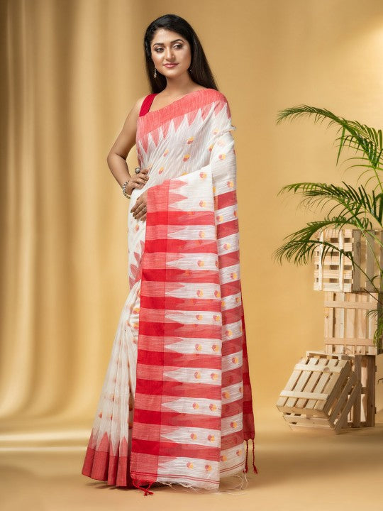 Exquisite Red & White Handloom Khadi Saree with Geometric Woven Design Border