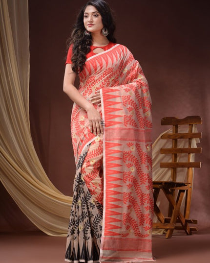 Elegant DESH BIDESH Floral Woven Pure Cotton Jamdani Saree; Traditional Indian Attire