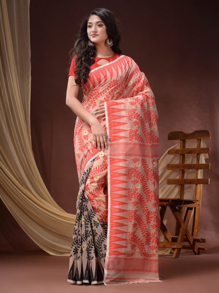 Elegant DESH BIDESH Floral Woven Pure Cotton Jamdani Saree; Traditional Indian Attire
