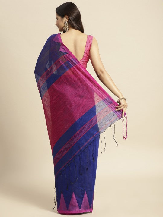 DESH BIDESH Blue & Pink Woven Design Pure Cotton Taant Saree