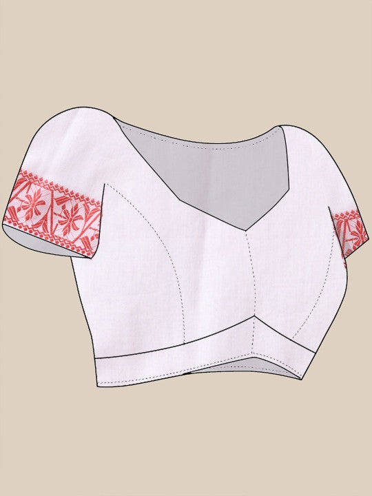 DESH BIDESH Women's White & Red Floral Handloom Saree with Printed Border