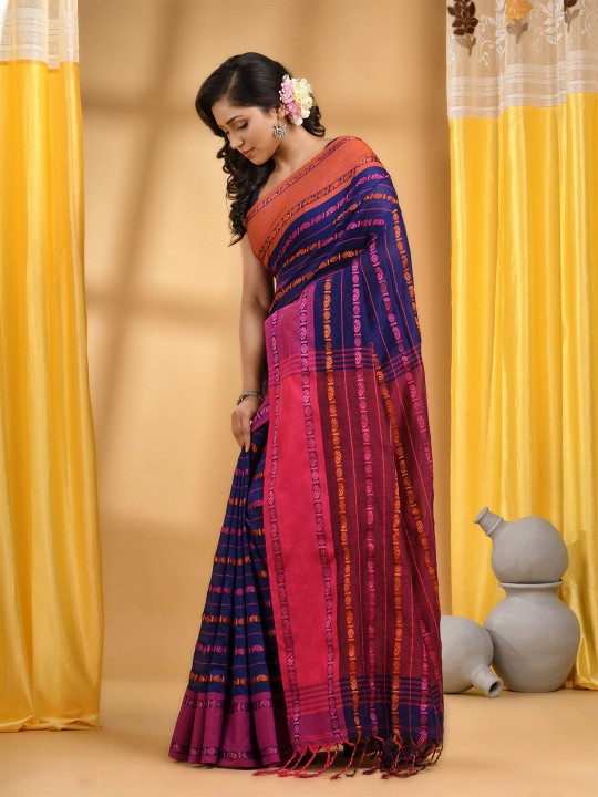 DESH BIDESH Woven Design Zari Pure Cotton Taant Saree With Blouse Piece