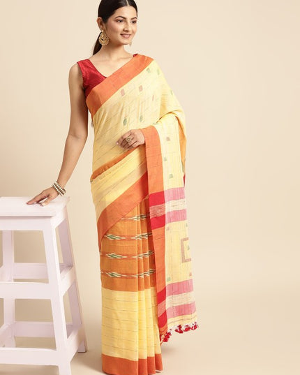 DESH BIDESH Yellow & Green Kotki Design Pure Cotton Taant Saree