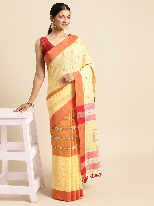 DESH BIDESH Yellow & Green Kotki Design Pure Cotton Taant Saree
