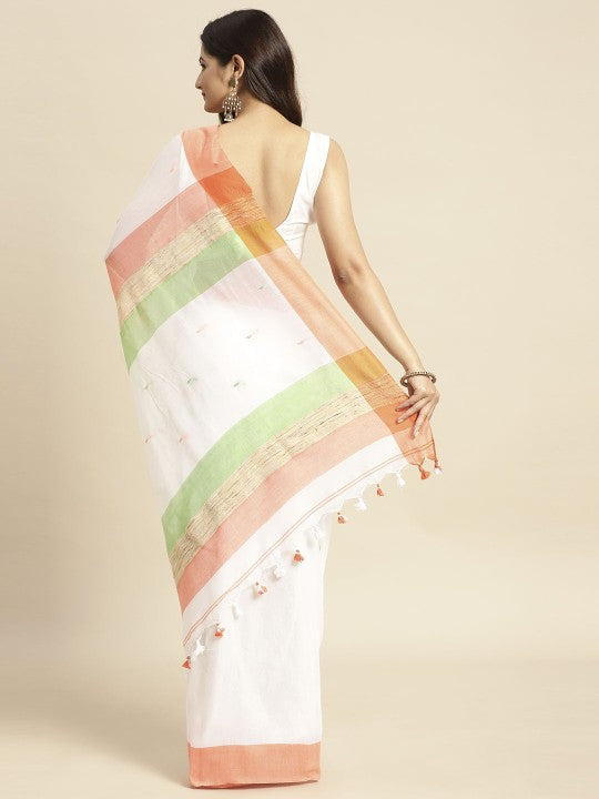 DESH BIDESH White & Orange Pure Cotton Taant Saree