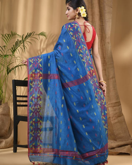 Exquisite Blue-Green Woven Design Silk Cotton Taant Saree for Women