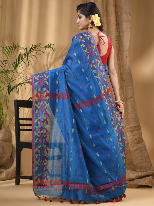 Exquisite Blue-Green Woven Design Silk Cotton Taant Saree for Women