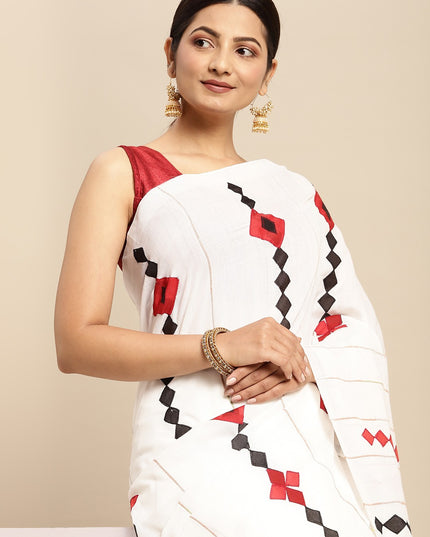 DESH BIDESH White & Black Printed Pure Cotton Taant Saree