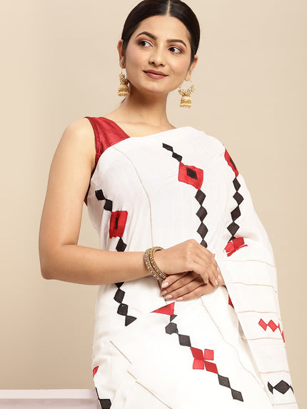 DESH BIDESH White & Black Printed Pure Cotton Taant Saree