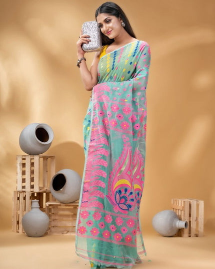DESH BIDESH Turquoise Blue Pink Pure Cotton Jamdani Saree with Ethnic Motifs