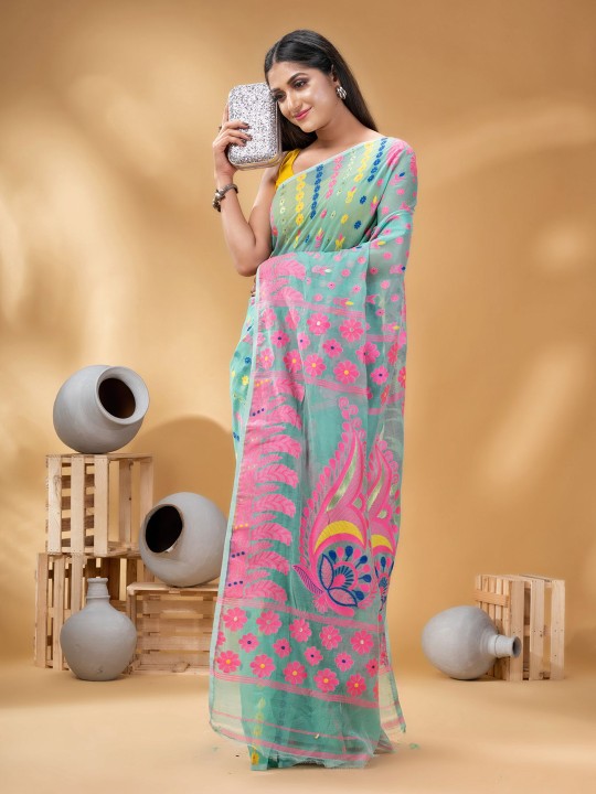 DESH BIDESH Turquoise Blue Pink Pure Cotton Jamdani Saree with Ethnic Motifs