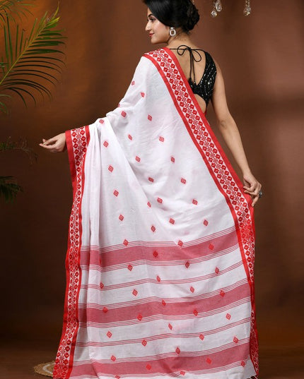 Exquisite White & Red Woven Design Pure Cotton Taant Saree for Women