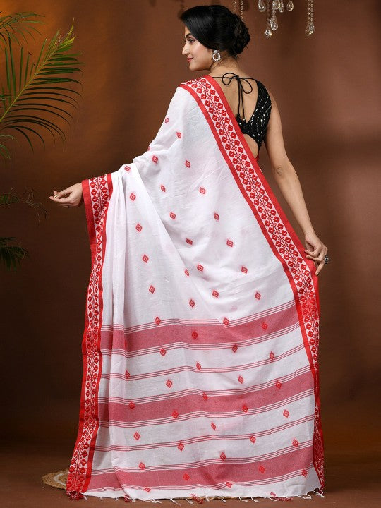 Exquisite White & Red Woven Design Pure Cotton Taant Saree for Women