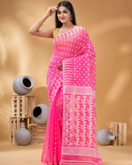 Pink & White Woven Design Pure Cotton Jamdani Saree by DESH BIDESH
