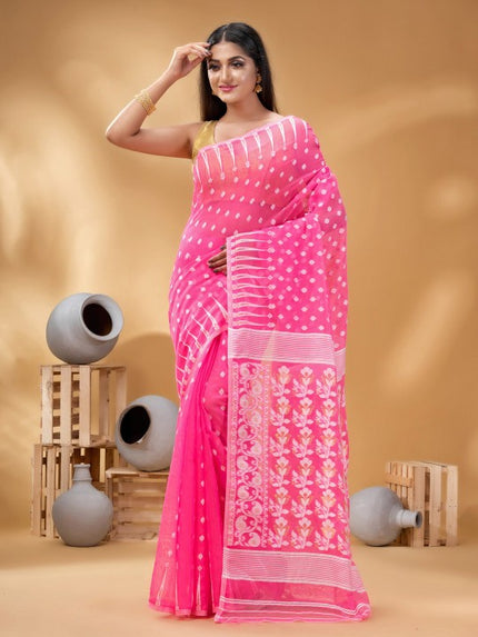 Pink & White Woven Design Pure Cotton Jamdani Saree by DESH BIDESH