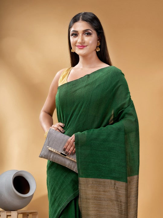 DESH BIDESH Green & Gold-Toned Pure Cotton Handloom Khadi Saree