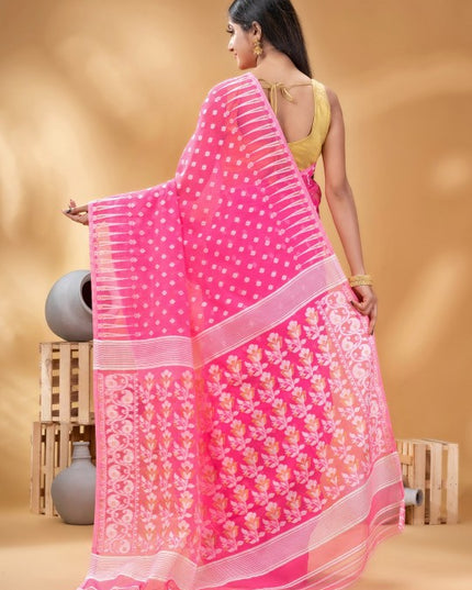 Pink & White Woven Design Pure Cotton Jamdani Saree by DESH BIDESH
