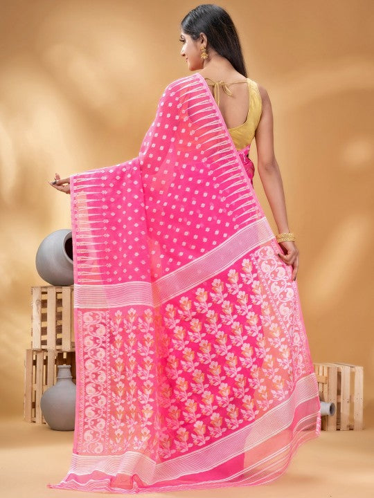 Pink & White Woven Design Pure Cotton Jamdani Saree by DESH BIDESH