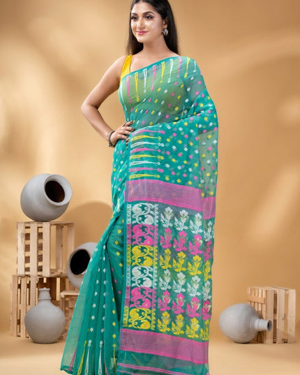 Exquisite Turquoise Blue and Pink Pure Cotton Jamdani Saree with Zari Details
