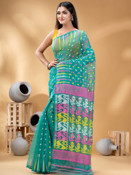 Exquisite Turquoise Blue and Pink Pure Cotton Jamdani Saree with Zari Details