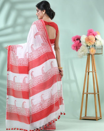 DESH BIDESH Elegant Paisley Printed Pure Cotton Saree with Solid Border