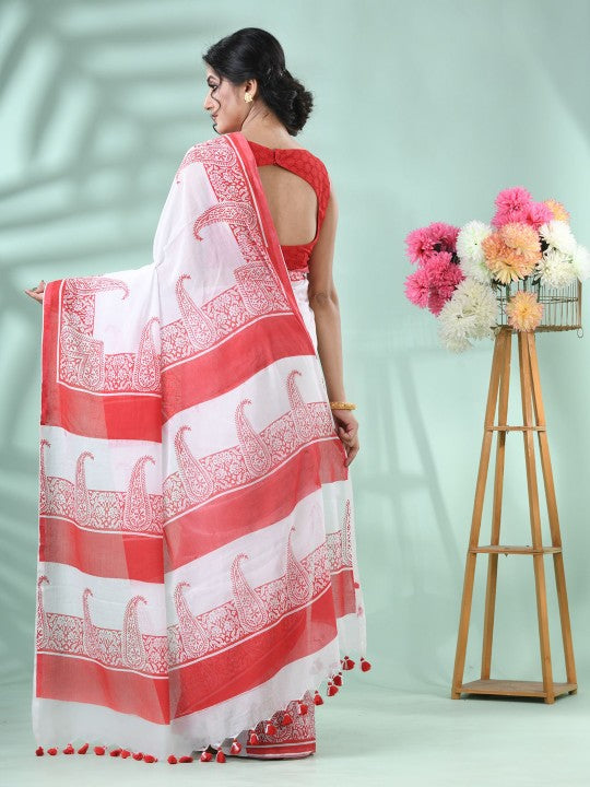 DESH BIDESH Elegant Paisley Printed Pure Cotton Saree with Solid Border