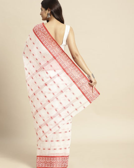 DESH BIDESH Red & White Ethnic Motifs Pure Cotton Taant Saree