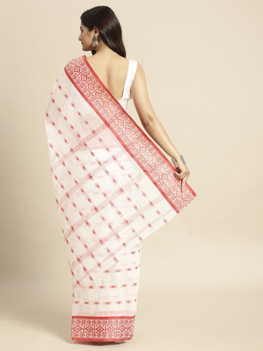 DESH BIDESH Red & White Ethnic Motifs Pure Cotton Taant Saree