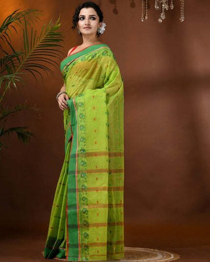 DESH BIDESH Elegant Green Pure Cotton Taant Saree with Woven Design
