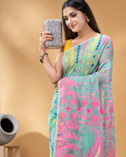 DESH BIDESH Turquoise Blue & Pink Woven Design Pure Cotton Handloom Jamdani Saree