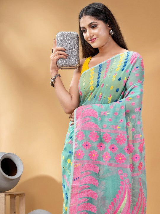 DESH BIDESH Turquoise Blue & Pink Woven Design Pure Cotton Handloom Jamdani Saree