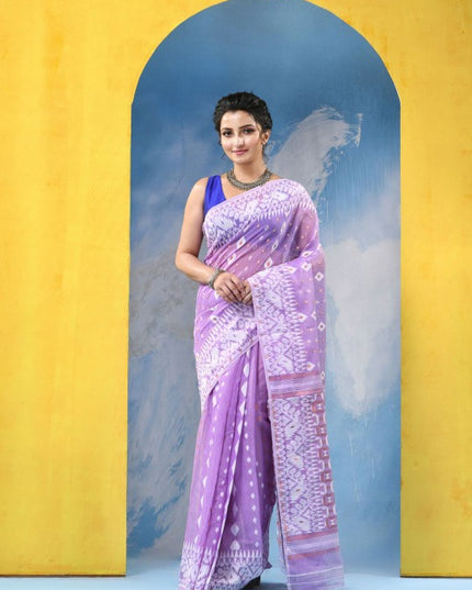 Exquisite Lavender Cotton Silk Blend Handloom Soft Golden Zari Jamdani Saree with Woven Design