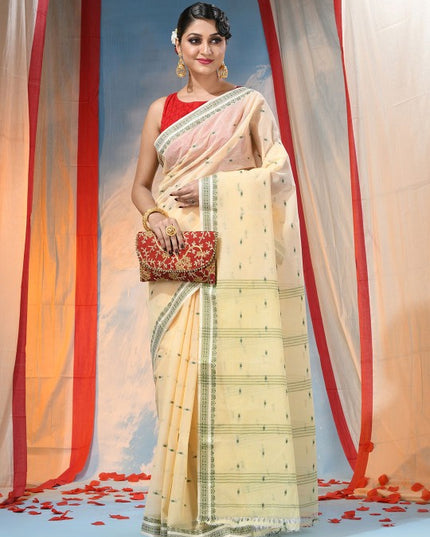Exquisite Off-White & Green Pure Cotton Saree with Ethnic Woven Motifs