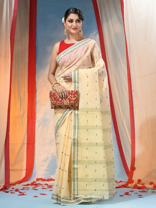 Exquisite Off-White & Green Pure Cotton Saree with Ethnic Woven Motifs
