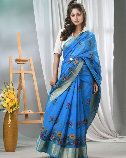 DESH BIDESH Blue Floral Printed Cotton Saree with Zari Border