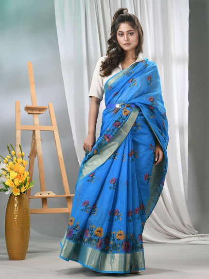 DESH BIDESH Blue Floral Printed Cotton Saree with Zari Border
