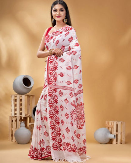 Exquisite Pure Cotton White Saree with Red Ethnic Block Prints and Border