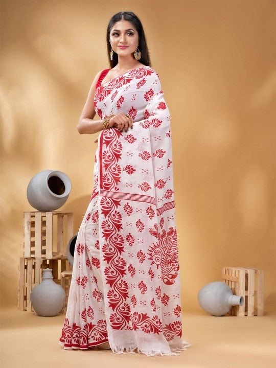 Exquisite Pure Cotton White Saree with Red Ethnic Block Prints and Border