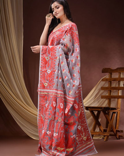 DESH BIDESH Pure Cotton Handloom Jamdani Saree with Ethnic Motifs
