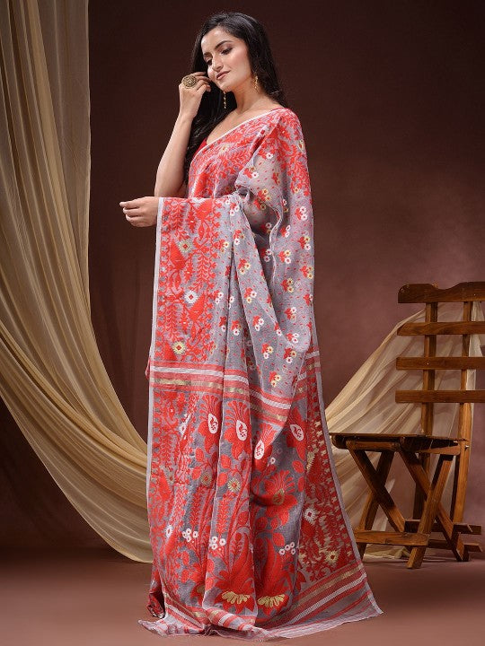 DESH BIDESH Pure Cotton Handloom Jamdani Saree with Ethnic Motifs