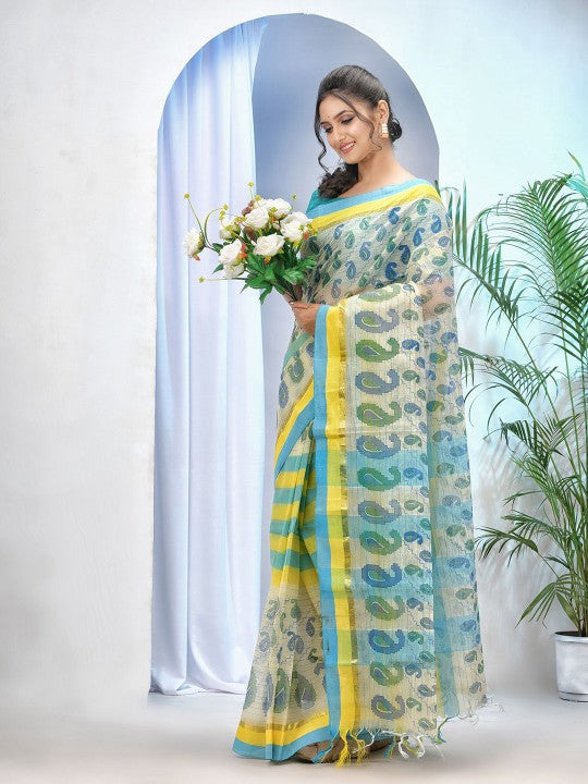 DESH BIDESH Printed Zari Paisley Pure Cotton Taant Saree