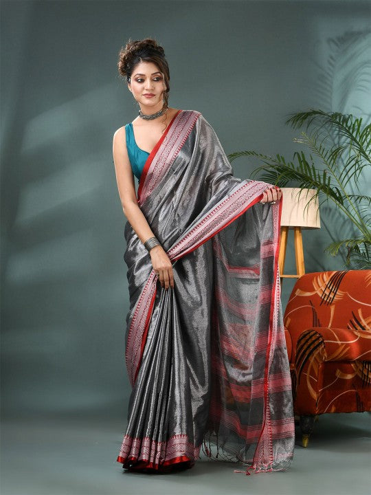 DESH BIDESH Solid Saree With Woven Design Border & Blouse Piece