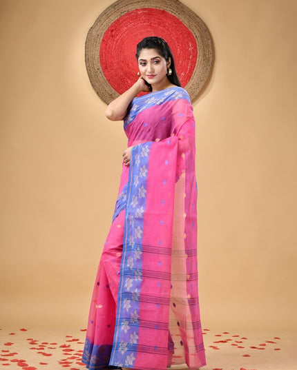 Pink Pure Handloom Cotton Saree with Leaf Woven Design and Taant Borders